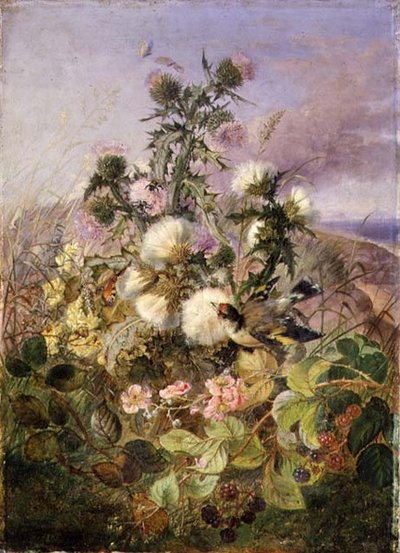 Um Goldfinch e uma Borboleta entre o Carvalho e a Flor de Amora Negra de John Wainwright