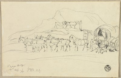 Carroça com oito cavalos sendo engatados de John Ward