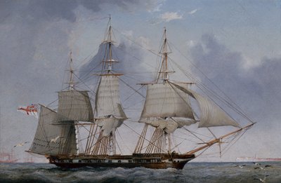 Uma quinta fragata Hove-To de 36 armas de fogo num saco de estibordo (óleo no painel) de John Ward of Hull