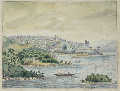 Adicionar. 13880, f.79 Vista de uma colônia britânica. Em primeiro plano, nativos em uma canoa, de um Journal mantido a bordo do transporte Minerva, da Irlanda para Nova Gales do Sul e Bengala, de John Washington Price de John Washington Price