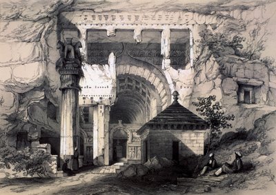 Karli, entrada da Grande Caverna Chaitya, 1845. de John Weale