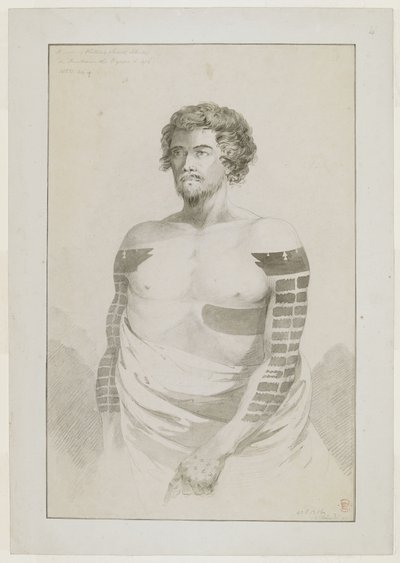 (Desenho inteiro) Retrato de um chefe de Borabora, [Puni?]; um homem barbudo com os braços fortemente tatuados com manchas rectangulares planas e uma grande mancha no lado esquerdo. dezembro de 1777 de John Webber