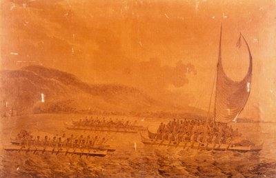 Canoas vão encontrar-se com o Capitão James Cook de John Webber