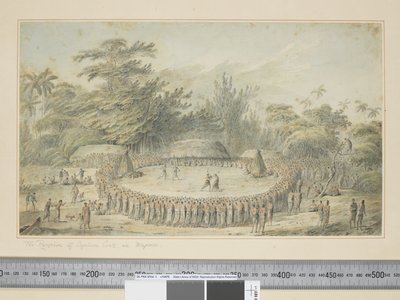 F.4 A Recepção do Capitão Cozinheiro em Hapaee, c.1773-84 (aguarela e gravuras impressas) de John Webber