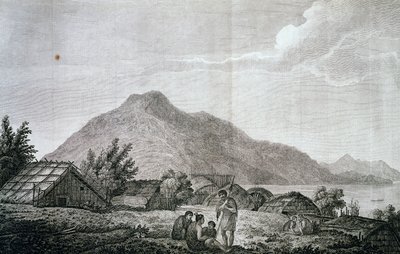 Dentro de hippah na ilha de Motuara, baseado em desenho de John Webber (1750-1793), de relato da última viagem de James Cook (1776-1779). gravura de John Webber