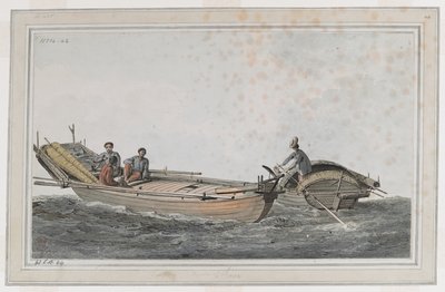 Dois pequenos barcos, com três figuras num e duas no outro. de John Webber