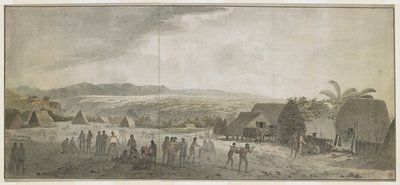 [Desenho da visita do Capitão Cook à aldeia de Waimea, Atooi [Kauai], janeiro de 1778. Alguns homens estão a enrolar barris, outros a negociar com havaianos. À direita, dois nativos carregam um porco amarrado a um poste. Atrás deles, cabanas de nativos e p de John Webber