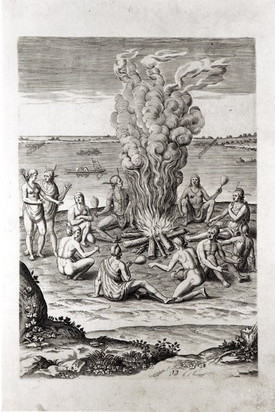 Índios rezando em volta de uma fogueira, gravada em "A Briefe and True Report of ... Virginia", de 1590, de Hariot, gravada por Theodor de Bry (1528-98) de John White