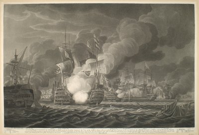 Para o EARL de S.T VINCENT os OFICIAIS amp; CREW, sob o comando de sua Senhoria esta Vista da Ação Galante que foi travada ao largo do Cabo de S. Vicente em 14 de fevereiro de 1797 por um Esquadrão Britânico de Quinze Velas de Linha amp; Fragatas / com o G de John william Edy