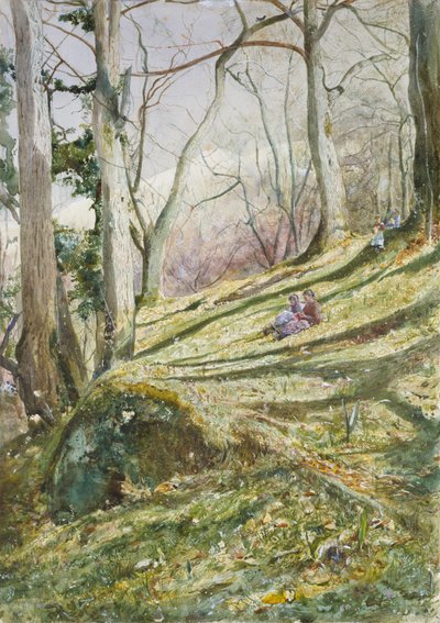 Declive arborizado com quatro figuras, meados do século XIX de John William Inchbold