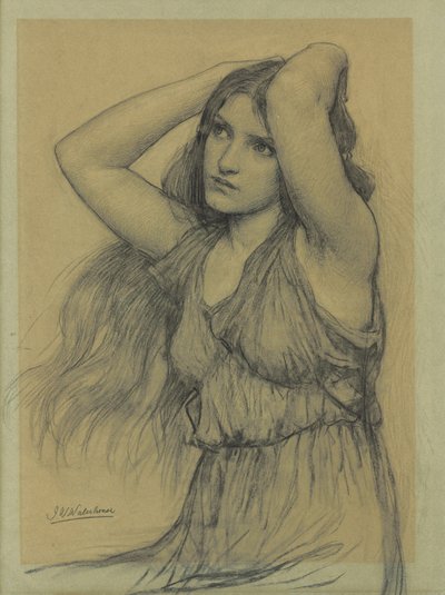 Flora (giz preto sobre papel amarelo) de John William Waterhouse