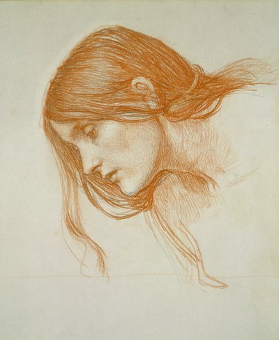 Estudo da cabeça de uma menina (giz vermelho sobre papel) de John William Waterhouse
