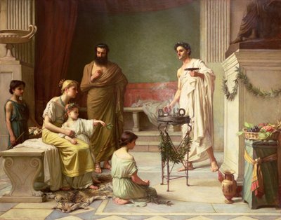 A visita de uma criança doente ao templo de Esculápio, 1877 de John William Waterhouse