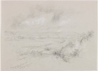 Haydon Bridge, Castelo de Langley à distância (bc e lápis sobre papel) de John Wilson Carmichael