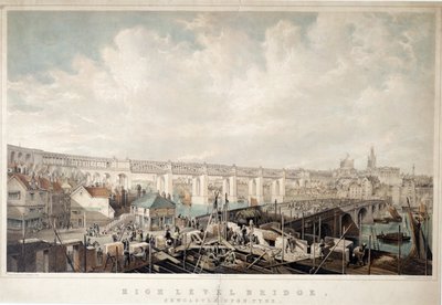 Ponte de alto nível, Newcastle upon Tyne, gravada por George Hawkins (1819-1852) (litografia colorida à mão) de John Wilson Carmichael
