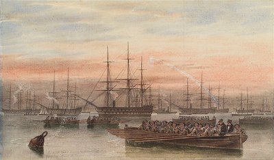 A frota do Báltico à noite com os barcos em primeiro plano de John Wilson Carmichael