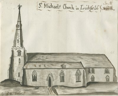 Lichfield - Igreja de São Miguel: desenho sépia, nd [1784] (desenho) de John Wright