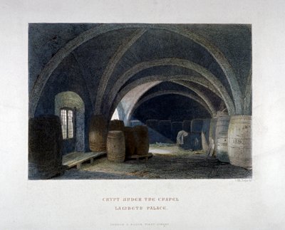 Cripta cheia de barris sob a capela do Lambeth Palace, Londres, 1851. de John Wykeham Archer