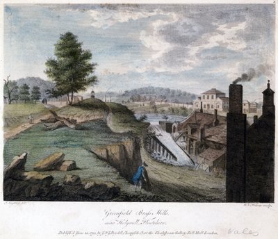 Greenfield Brass Mills, perto de Holywell, Flintshire, gravado por WC Wilson, c.1792 de John after Ingleby