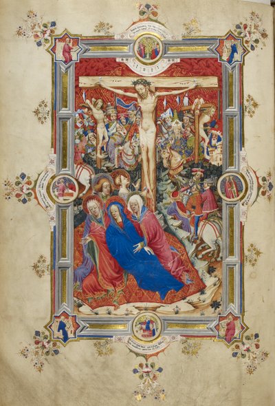 A Crucificação, introduzindo o Cânon da Missa. Cristo na cruz, flanqueado por ladrões, Virgem desmaiada apoiada por mulheres e São João, Madalena aos pés da cruz. Multidão de espectadores montados em vestido contemporâneo, incluindo Longinus, com anjos aci de John and Siferwas John (fl. 1380–1421 Whas