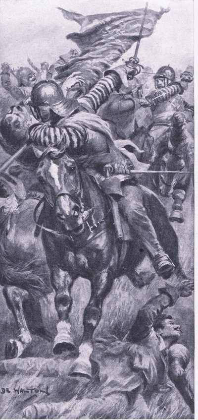 Lieutenat John Smith retomando o reinado padrão em Edgehill, 23 de outubro de 1642, ilustração das Batalhas Britânicas em Terra e Mar, 1915 de John de Walton
