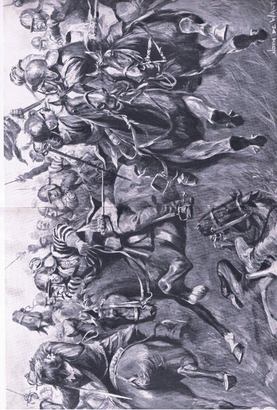 Marston Moor, 2 de julho de 1644: A cavalaria escocesa sob Leslie, atacando o flanco do Príncipe Rupert, ilustração das Batalhas Britânicas na Terra e no Mar, 1915 de John de Walton