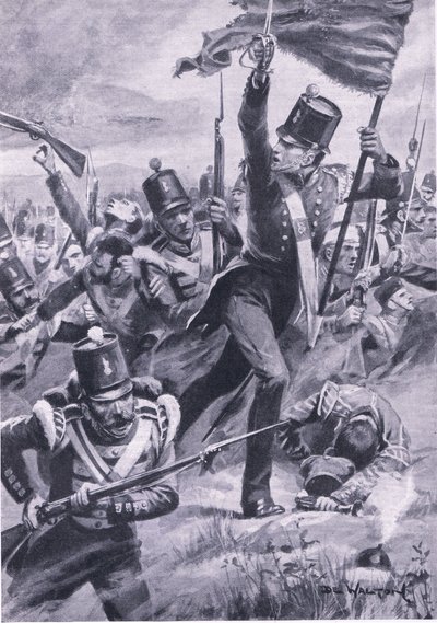 O avanço da Divisão da Luz em Alma, 20 de Setembro de 1854, ilustração de "British Battles on Land and Sea". de John de Walton