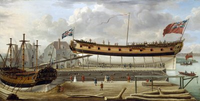 Um navio de sexta categoria (sixth rate), um navio de guerra da Marinha Real Britânica, em doca seca, o estaleiro é provavelmente o de Rotherhite, na margem sul do Tamisa (Inglaterra) de John the Elder Cleveley