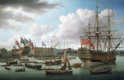 O "Royal George" em Deptford (Inglaterra) durante o lançamento do "Cambridge" em 21 de outubro de John the Elder Cleveley