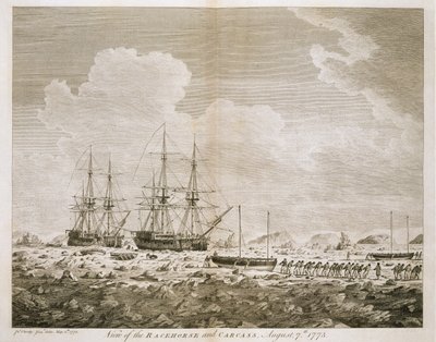 Uma visão do &39;Cavalo de corrida&39; e &39;Carcaça&39;, 7 de agosto de 1773, de &39;Uma viagem em direção ao Pólo Norte realizada pelo Comando de Sua Majestade 1773&39;, publicado em 1774 de John the Younger Cleveley
