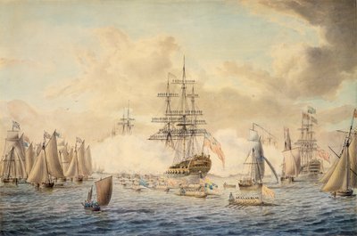 Jorge III a passar em revista a frota em Spithead, 22 de junho de 1773, representando o HMS "Royal Oak de John the Younger Cleveley