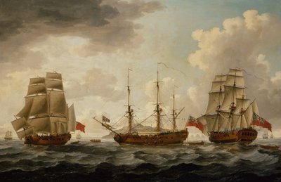 H.M.S. Tyrall em três posições ao largo de Antígua de John the Younger Cleveley