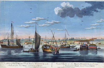 Vista das docas reais de Woolwich, na margem esquerda do Tamisa (Inglaterra), no condado de Kent. Gravura a cores de John Clevely, o Jovem (1747-1786) de John the Younger Cleveley
