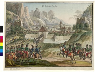 A conquista do Luziensteig pelas tropas austríacas em 1799 (aguarela) de Jokob Placidus Altmutter
