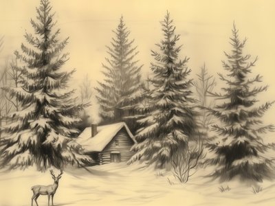 Cabana tranquila de inverno com veados de Jolly and Dash