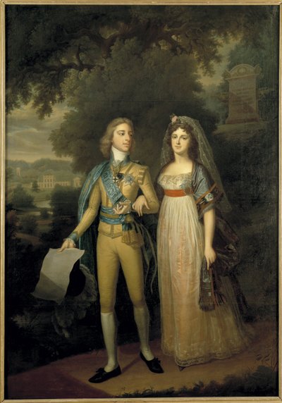 Gustave IV Adolphe de Suede - Retrato de Gustav IV Adolf da Suécia (1778-1837) e Frederica Dorothea Wilhelmina de Baden (1781-1826), Rainha da Suécia, por Forsslund, Jonas (1754-1809). Óleo sobre tela, c. 1797-1800. Dimensão: 273x195 cm. Nationalmuseum St de Jonas Forsslund
