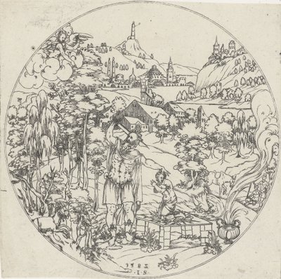 Abraão sacrifica Isaque Bottoms of Bowls: Landscapes with Bible and Mythological Representations (título da série) de Jonas Silber