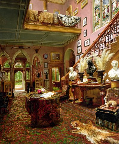 O Hall e a Escadaria de uma Casa de Campo, 1888 de Jonathan Pratt