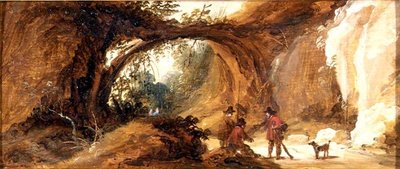 Uma paisagem rochosa com desportistas num caminho de Joos de (follower of) Momper