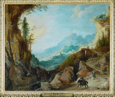 Uma paisagem montanhosa com uma ponte e quatro cavaleiros ... de Joos de (follower of) Momper