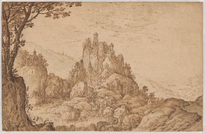 Um castelo sobre um penhasco numa paisagem montanhosa de Joos de Momper II