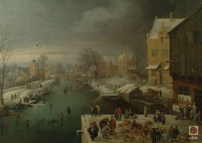 Paisagem de inverno com patinadores e um mercado de porcos de Joos de Momper the younger