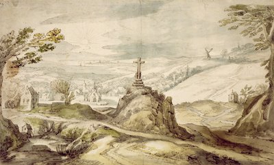 Paisagem montanhosa com uma cruz (caneta, lavar e wc no papel) de Joos or Josse de Momper