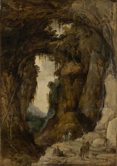 Paisagem com Gruta e um Cavaleiro, c.1616 (óleo sobre painel) de Joos or Josse de The Younger Momper