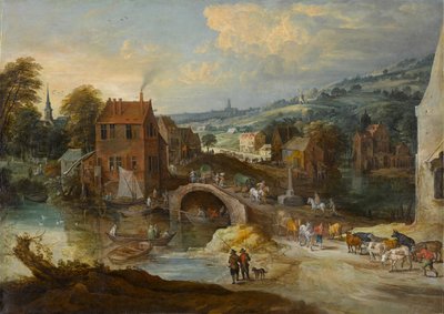 Paisagem da vila com uma ponte, por volta de 1620 (óleo sobre tela) de Joos or Josse de The Younger Momper