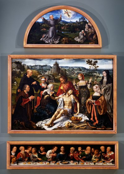 Altareiro do depoimento, com os estigmas de São Francisco, o depoimento de Cristo e a Última Ceia da Igreja dos Frades Menores em Gênova, c.1520 de Joos van Cleve