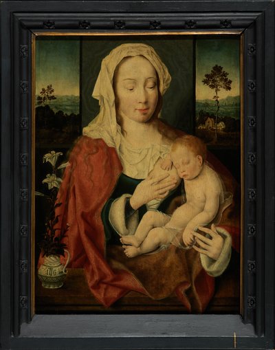 Virgem Santa com Bebé Jesus adormecido (óleo sobre painel) de Joos van Cleve