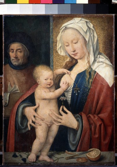 "A Sagrada Família A criança Jesus brinca com o peito da sua mãe. Pintura de Joos van Cleve (Cleef) (ca. 1485-1540) Século XVI Dim. 42,5x31,5 cm São Petersburgo. Museu Hermitage de Joos van Cleve