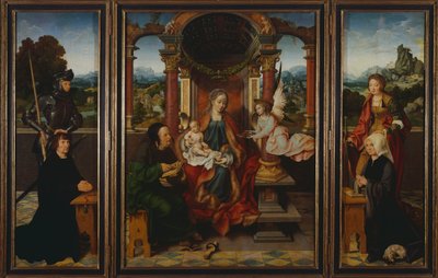 A Sagrada Família, ca. 1530, de Joos Van Cleve (1485-1540), tríptico. Bélgica de Joos van Cleve