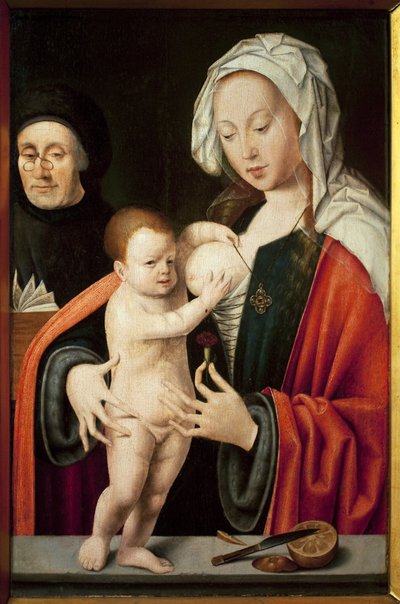 A Virgem, a Criança e um doador. Pintura de Joos Van Cleve (1485-1540), óleo sobre madeira. Arte flamenga do século XVI. Musee Grobet Labadie, Marselha. de Joos van Cleve